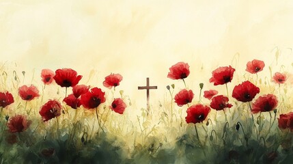Naklejka premium Watercolor image of a field of red poppies with a subtle remembrance cross, blending peace with remembrance.
