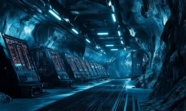Dark blue, futuristic cave with servers.