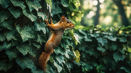 A vibrant shot of a squirrel scampering up a tree covered in ivy, with the greenery creating a lush and vibrant backdrop to its quick movements