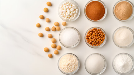 Various types of spices, flours, and sugars are neatly arranged in glass bowls on a clean kitchen countertop, creating an inviting atmosphere for baking