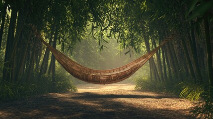A whimsical scene of a hammock made of bamboo ropes, hanging between two bamboo trees, creating the perfect spot for relaxation in a peaceful forest