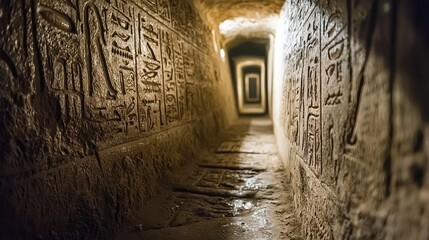 Discover the ancient mysteries within a beautifully lit Egyptian tunnel, adorned with hieroglyphs and historical engravings.