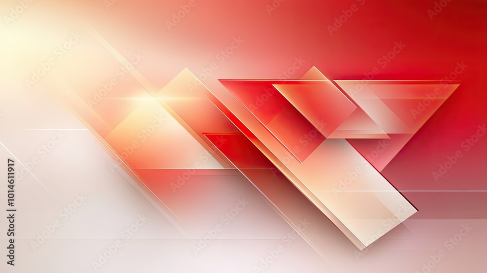 Poster a red geometric background featuring overlapping squares and triangles, with varying shades of red c