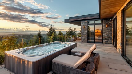 Elegant outdoor jacuzzi with scenic mountain view at sunset, perfect for relaxation and luxury living in a modern setting.