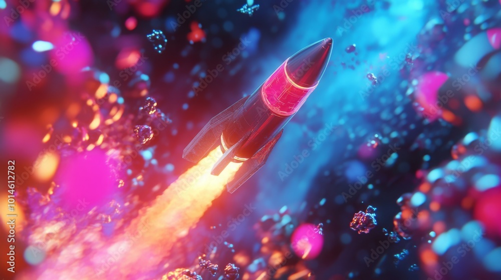 Aufkleber A rocket propels into the depths of space, surrounded by a dynamic array of colorful particles and bright lights, creating a spectacular display of cosmic energy and movement in the universe.
