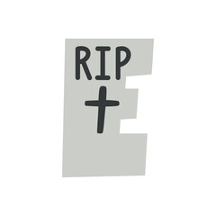 Logo con letra inicial E como lápida de tumba con crucifijo y palabra RIP para tarjetas y felicitaciones de Halloween