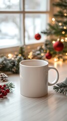 White ceramic tea mug with Christmas decoration and copy space for your design. Mockup for xmas promotional content. ai generated