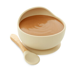 Tasty baby food in bowl and spoon isolated on white