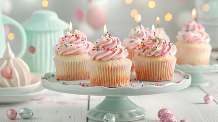 Delicious birthday cupcakes on table on light background