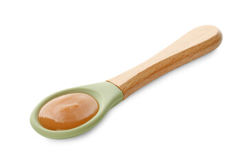 Delicious baby food in spoon isolated on white