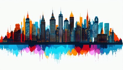 Obraz premium A vibrant city skyline illustration with colorful abstract elements.