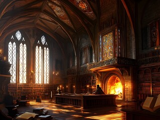 Majestic Medieval Library with Scholar Amidst Glowing Firelight and Tomes