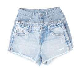 Stylish light blue denim shorts isolated on white, top view