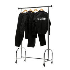 Security guard's uniform on clothing rack isolated on white