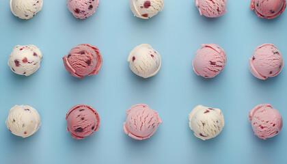 Top view of seamless background of assorted scoops of ice cream arranged in lines on blue table