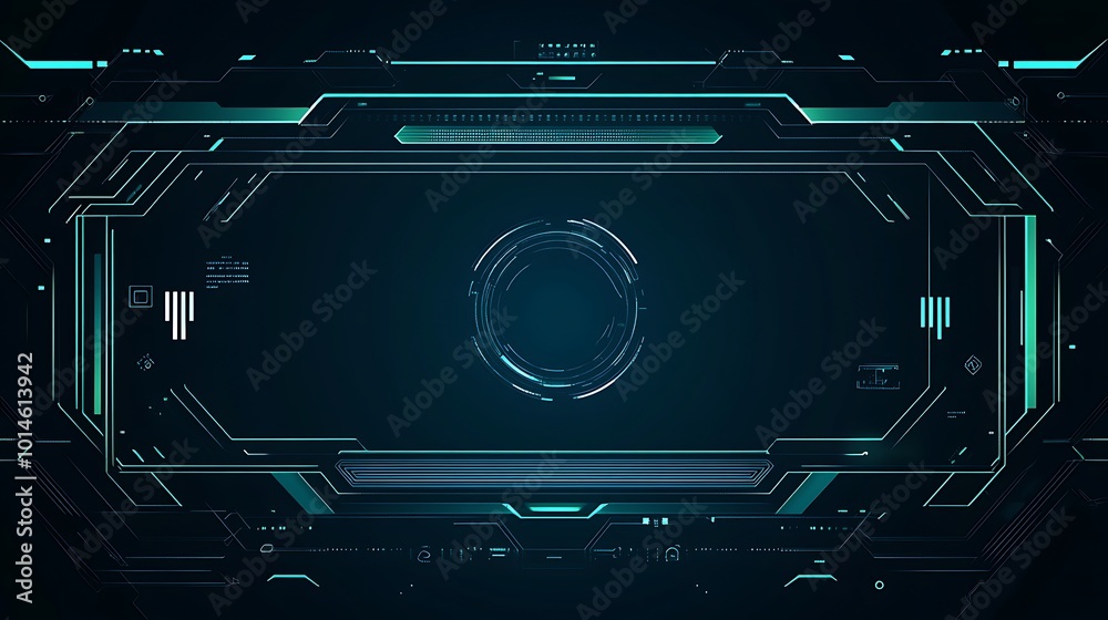 Poster futuristic blue and green hud interface with a circular display in the center.