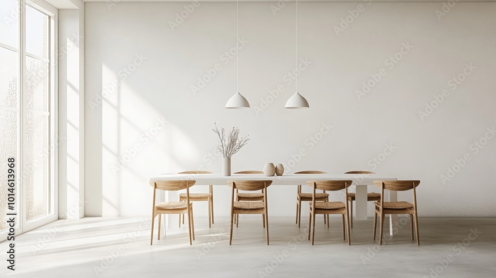 Poster a spacious dining area features a long white table surrounded by wooden chairs, illuminated by soft,