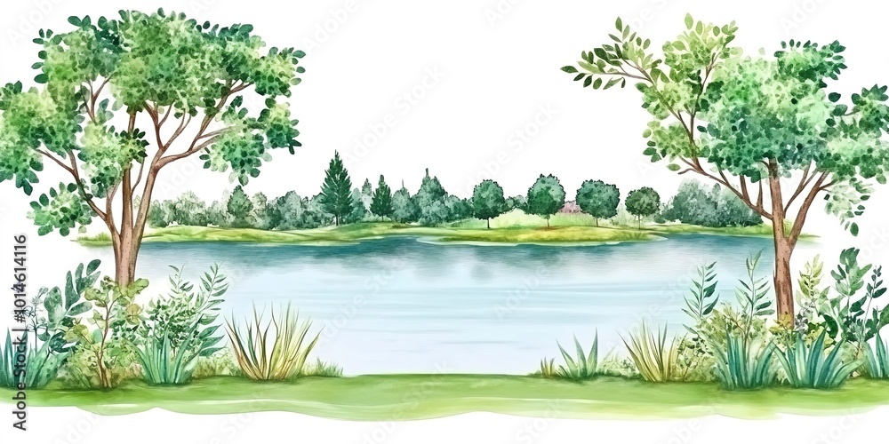 Wall mural Watercolor vintage summer composition with green landscape with trees, river and grass with vegetation isolated on white background. Hand drawn illustration sketch 