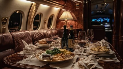 Luxurious dining experience on a private jet featuring gourmet food, fine wine, and elegant table setting in a lavish interior.