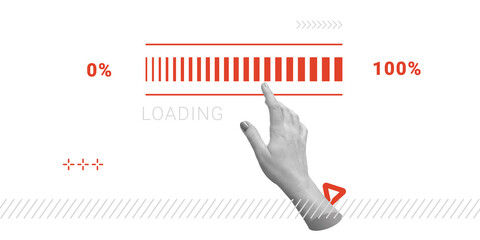 Executing, loading, getting the result concept. A hand interacts with a loading bar indicating progress from 0 to 100 percentages. Minimalist art collage