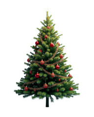 Traditional green Christmas tree with red ornaments and tinsel garland on a transparent background. Ideal for holiday designs, greeting cards, and festive projects