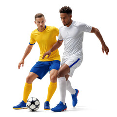 Two soccer players from different team compete for a ball, dynamic action pose