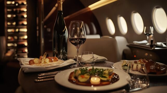Luxurious dining experience on a private jet, featuring gourmet dishes and fine wine served in an elegant atmosphere.