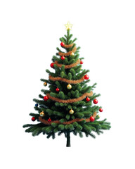 Fototapeta premium Traditional green Christmas tree with red ornaments and tinsel garland on a transparent background. Ideal for holiday designs, greeting cards, and festive projects