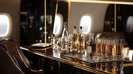Luxury drinks arranged elegantly on a polished surface in a private jet, showcasing opulence and stylish travel comfort.