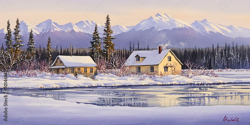 Wall mural Watercolor landscape painting of mountain range with cottage.  