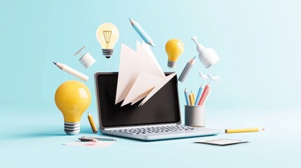 A whimsical cartoon of a laptop surrounded by animated tools like pencils, papers, and lightbulbs, representing creativity and productivity.