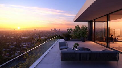 Fototapeta premium Modern balcony with luxurious furniture overlooking a breathtaking sunset over the city skyline.