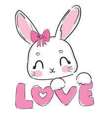 Hand Drawn Cute Bunny background. Print design rabbit. Children Print on t-shirt. Vector