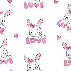 Cute bunny love background vector seamless pattern 