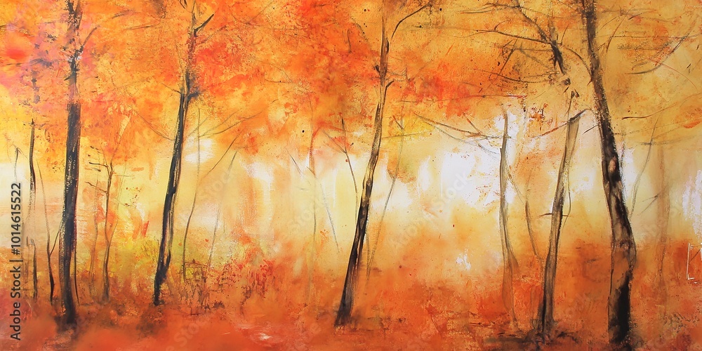 Sticker Warm orange watercolor landscape paintings in autumn. Color ink landscape painting 