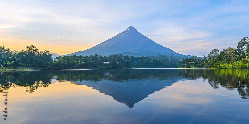 Canvas Prints Volcanic mountain in morning light reflected in calm waters of lake.  