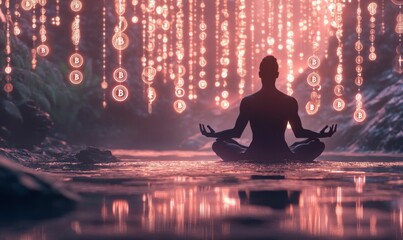 Silhouette meditates beneath glowing Bitcoin rain.