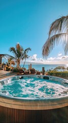 Obraz premium Relaxing hot tub overlooking a serene ocean view with palm trees under a clear blue sky, perfect for rejuvenation and tranquility.