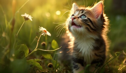 Obraz premium A cute kitten looks up at the sky, bathed in warm sunlight. AI.