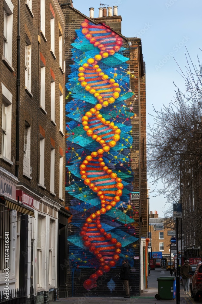 Sticker A colorful mural depicting a DNA helix on a brick wall. AI.