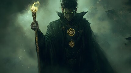 Fototapeta premium Powerful Enchanter Wielding Arcane Staff in Moody Fog Shrouded Fantasy Realm