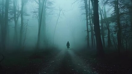 A dark, misty forest pathway with a solitary figure in a cloak walking through the fog.