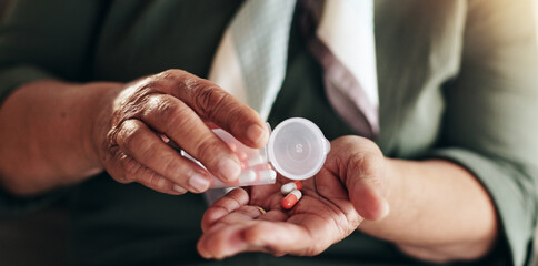 Hands, drugs and pills for healthcare, wellness and retirement with medical problem, sick and pain....