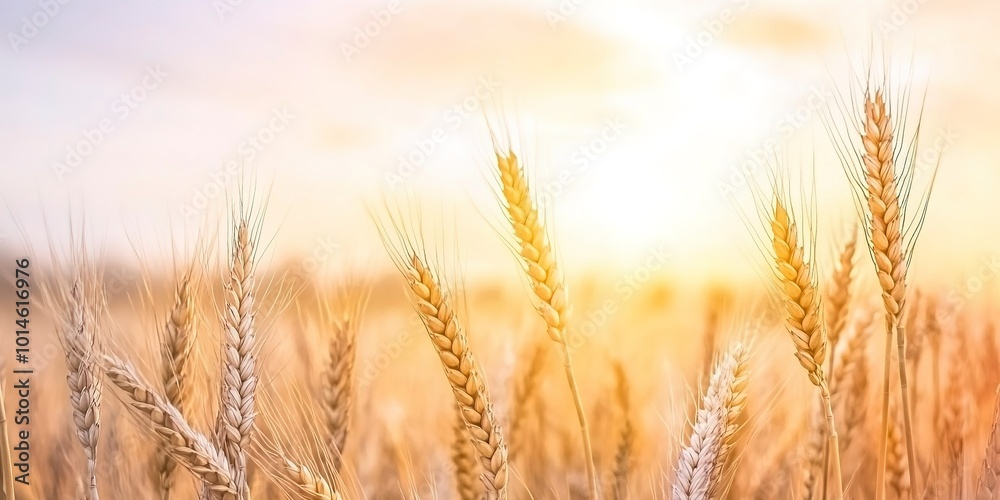 Wall mural Summer landscape image of wheat field at sunset with beautiful 