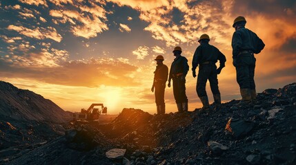 Silhouetted workers watching a sunset at a construction site, capturing the essence of teamwork and safety in the industry.