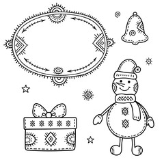 Christmas and New year greetings. Set of decorative pattern made of holiday symbols. Snowman, gift, ball, bell, snowflake and other signs. Coloring book page.