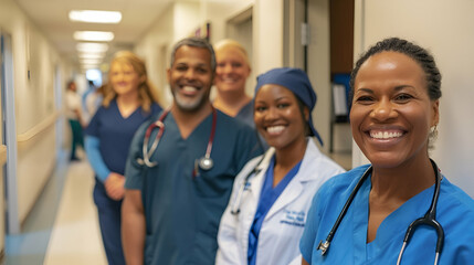 Fototapeta premium Diverse group of doctors and nurses smiling in a hospital hallway