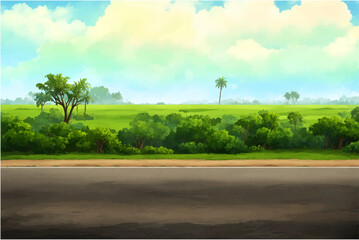 Fototapeta premium A quiet road leading through a vibrant green field