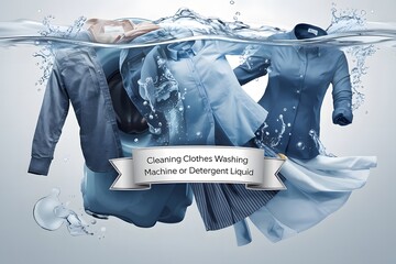 An illustration of a commercial advertisement style with a floating shirt and dress underwater.