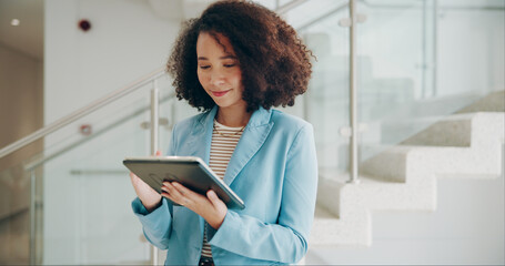 House, woman and real estate agent with tablet for communication, networking and connection....